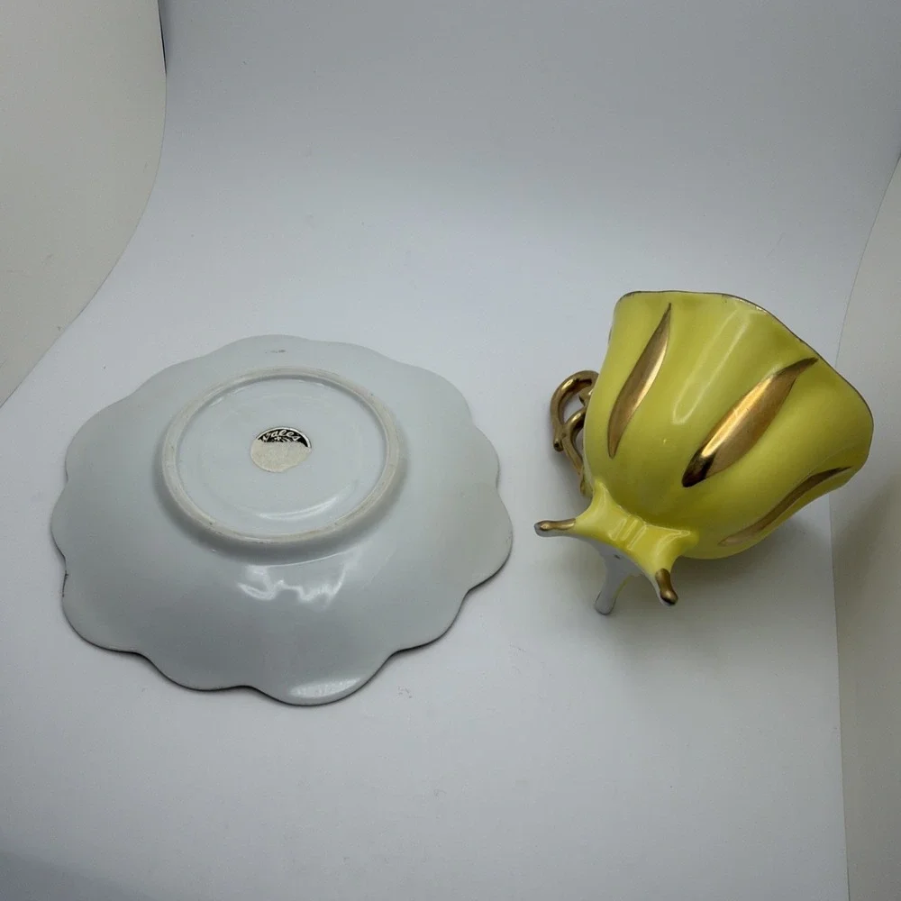Vintage Wales Porcelain Footed Tea Cup Saucer Set Yellow Gold Lusterware Rose